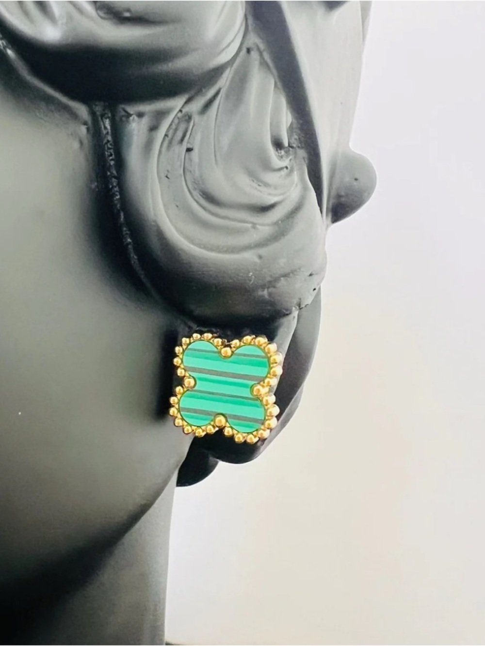 Gold Beaded Green Striped Clover Stud Earrings